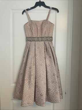 Jovani Blush Pink Floral Jacquard Dress with Jeweled Waist